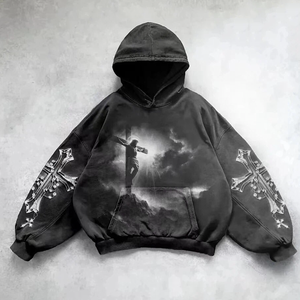 Sweat-shirts personnalisés en gros, effet délavé, 500 g/m², couleur noire, imprimé, à capuche, en coton, style vintage, délavé à l'acide - Product Image 3