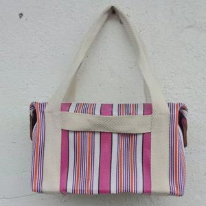 Grand sac à provisions tissé à rayures en plastique avec fermeture éclair réutilisable personnalisé écologique fabriqué à la main cosmétique holographique de plage recyclé - Product Image 1