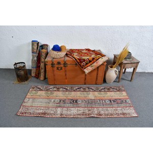 Turkish Small 2.2x5.4 ft Vintage Moroccan <b>Wool</b> Rug Red <b>Brown</b> Patchwork Design Eco-Friendly Latex Backing - Product Image 2