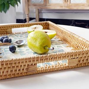 Wholesale Vietnam Natural Set Rectangle Handwoven Mother Pearl Inlay Rattan Serving Tray Decorative Tea tray <b>Cocktail</b> <b>table</b> tray - Product Image 4