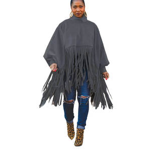 Manteau en laine à manches longues pour femmes grandes tailles avec franges - Product Image 3