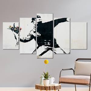 Impresión en Lienzo: Arte de Graffiti con Flores de Banksy - Decoración Moderna para Pared, Juego de 5 Lienzos Variados - Product Image 1