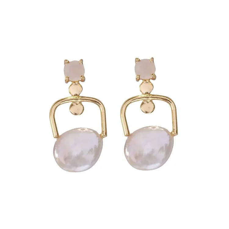 Classic Design 22k Gold Plated Stud Drop Brass Fashion Gemstone Earrings with Baroque Pearls & Rose Quartz for Wholesale Orders