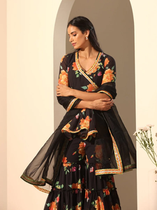 GUL NARANGI SHARARA SET Black Printed Georgette Cotton Casual <b>Dresses</b> Half Sleeve Length Casual Style Hollow Natural - Product Image 2