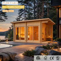 PLOUTARA Cabine de sauna extérieure en bois avec poêle à bois, mur en verre et vestiaire, OEM pour projets de villas, complexes hôteliers et hôtels