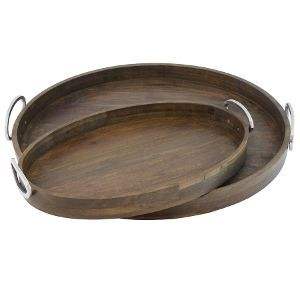 Plateau de service moderne cadre en métal noir bois d'acacia rond plateau de vaisselle de luxe plateaux de service décoratifs pour servir le petit déjeuner - Product Image 4