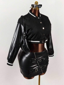 แจ็กเก็ตเบสบอลแขนหนังวัวสำหรับผู้หญิงเสื้อครอปทีมตัวแทนนักบอมเบอร์สตรีทแวร์ - Product Image 2