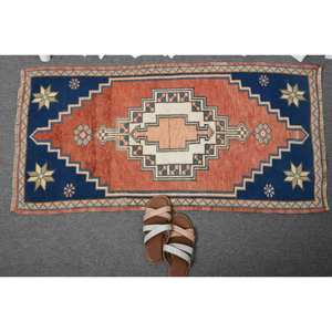 Alfombra de lana turca hecha a mano Vintage de 2x3,9 pies, clásica, área grande, rectangular, rojo, azul, Patchwork, patrón de pasillo abstracto, látex - Product Image 5