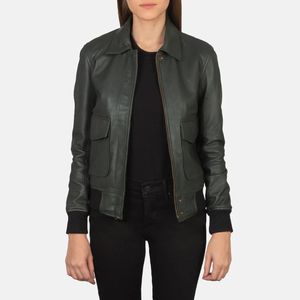 wholesale Green Leather Bomber Jacket OEM Service Available Casual Plain Dyed Technique high quality professional manufactures - Product Image 2
