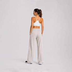 Pantalones Casuales de Mujer de Cintura Alta, Pierna Ancha, Transpirables, con Rayas Minimalistas, Tejidos, con Rayas Laterales, Color Blanco Arrugado - Product Image 4