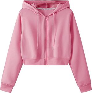 Trendy High Quality Solid Color Custom <b>Zip</b> up Drop Shoulder Balloon Sleeves Oversized Crop Top <b>Hoodie</b> <b>Women</b> - Product Image 1