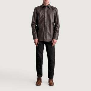 Chemises décontractées en cuir marron pour hommes - 100% coton, double boutonnage, manches courtes, 6XL, approvisionnement ODM - Product Image 4