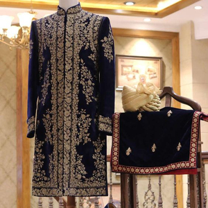 2023 nuevo Sherwani azul marino con estola de terciopelo bordado pesado y vestido de zapato de seda para fiesta boda traje Sherwani de talla grande - Product Image 1