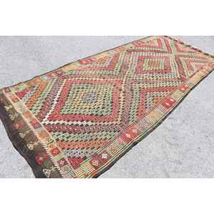 Tapis turc vintage 4,7x11,3 pieds, grand tapis, tapis Kilim camouflage rouge - Product Image 2