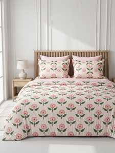 Polyester Fiber Queen <b>Comforter</b> <b>Set</b> Duvet Flat Sheet Pillowcases Vintage Woven 300tc Thread Count 4-Piece Washable Bedding - Product Image 3