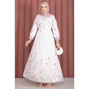 Robe en mousseline écru à motif floral, demi-boutonnée, ceinturée, élégante et discrète pour femme, taille XS, respirante, légère, coupe Empire, manches bouffantes, idéale pour la journée - Product Image 1