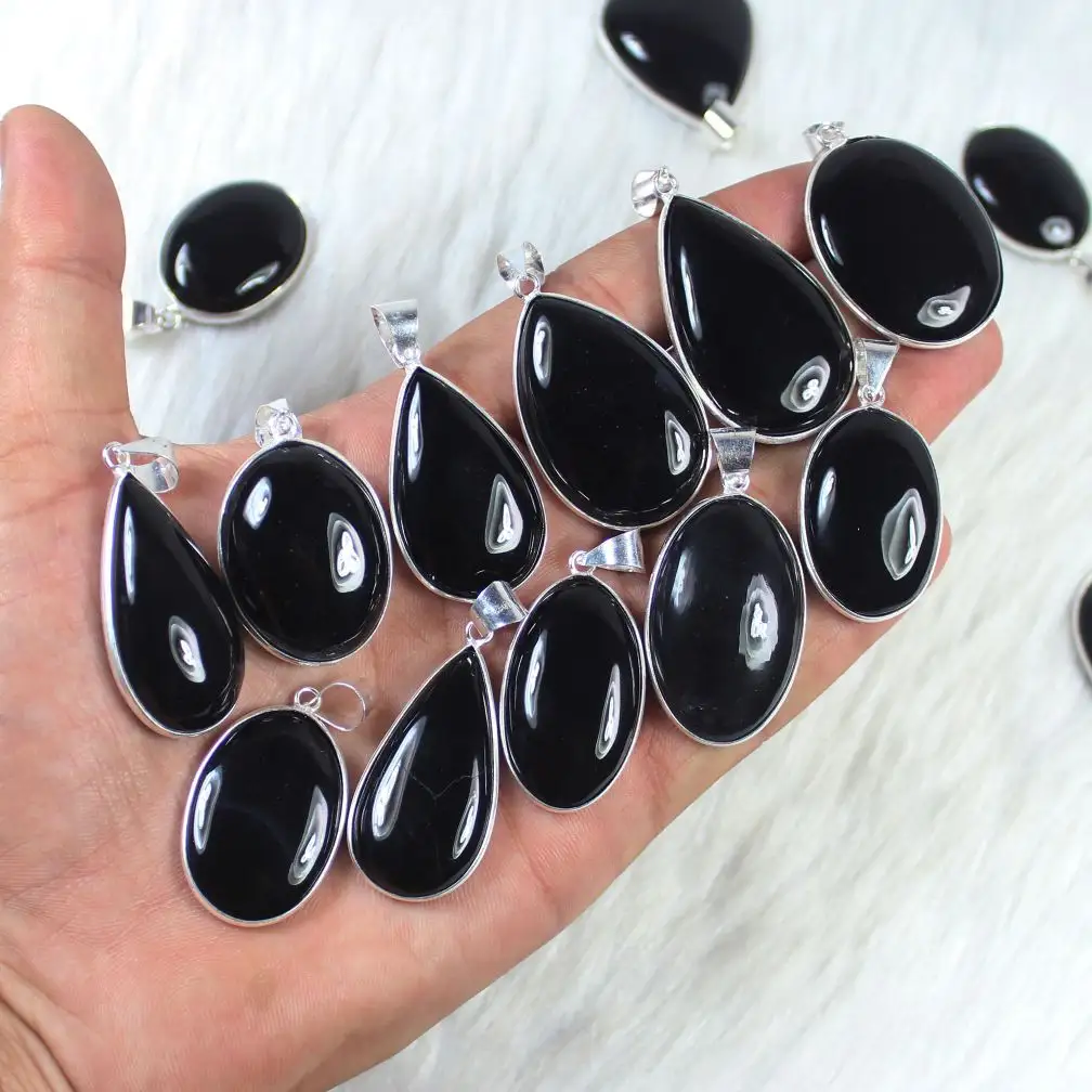 Grosir hitam Onyx batu permata liontin berlapis perak liontin Bezel kristal hitam Onyx Cabochon kalung perhiasan