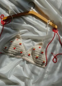 Crochet Strawberry <b>Bikini</b> Top, Strawberry Crop Top, Strawberry Hand Knitted Swimwear, Knitted Strawberry <b>Bikini</b> Top - Product Image 3