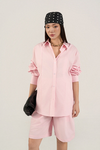 ชุดผ้าฝ้ายป๊อปลิน 2 ชิ้นสำหรับผู้หญิง ผ้าผ่านการซักล่วงหน้า ระบายอากาศได้ดี เสื้อแขนยาวและกางเกงขาสั้นเบอร์มิวดา ความยาวเหนือเข่า สไตล์ลำลองสำหรับคนท้อง - Product Image 2