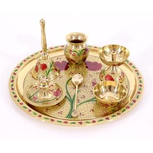 Ensemble d'accessoires cadeaux religieux hindous, artisanat, plateau rond de 13 pouces avec accessoires, plateau en laiton pour la prière, article de prière pour Diwali - Product Image 5