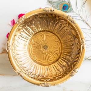 Pure Brass Traditional Design Urli with <b>Elephant</b> Statue Embossed for Diwali Occasions - Product Image 4