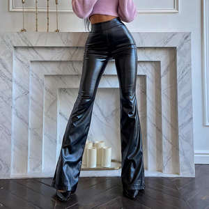 Pantalon en cuir pu léger taille haute pour femmes design évasé noir vêtements de mode modernes et élégants qualité supérieure - Product Image 1