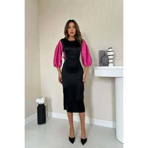 Vestido de Satén al por Mayor con Detalle de Cordones en Negro y Fucsia, Cintura Natural - Product Image 6