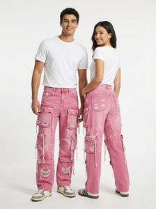 Pantalones Cargo Vaqueros con Logotipo Personalizado, Estilo Desgastado, Multibolsillos, Pierna Ancha, Estilo Urbano Americano, Pantalones Utilitarios, Estilo Casual - Product Image 5