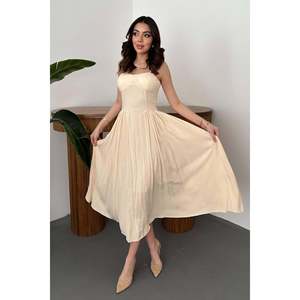 Vestido Largo Beige con Volantes y Copas en el Busto - Beige - Product Image 1