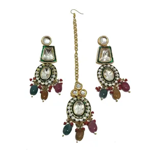 Ensemble de collier en or plaqué or avec diamants multicolores taille émeraude Polki Kundan, bijoux fins pour mariages et cadeaux - Product Image 5