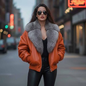 Chaqueta Bomber de Cuero Genuino para Mujer, a Cuadros, Cortavientos, Delgada, Estilo Urbano, con Cierre de Cremallera y Cuello de Piel de Zorro, para Invierno - Product Image 3