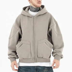 Vente en gros Streetwear à double poches avec fermeture éclair Sweats à capuche en coton épais surdimensionné avec épaules tombantes personnalisé Sweat à capuche zippé pour hommes - Product Image 1