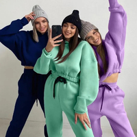Ensemble 2 pièces automne-hiver pour femmes Streetwear Hoodies Above Knee Length Short Tops Wear Drop Shoulder joggers pants