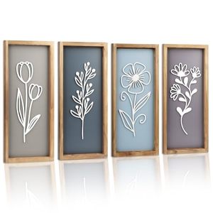 Lot de 4 tableaux muraux floraux 3D en bois encadrés, art botanique, peintures de paysages vintage pour la maison et la cuisine, faites à la main, durables - Product Image 1
