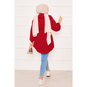 Red Modest <b>Tops</b> Double Collar Hijab Shirt with Drawstring Waist Versatile Clothing Accessory - Product Image 4