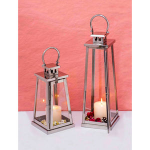 Juego de 2 Faroles de Vela Modernos de Acero Inoxidable al por Mayor, Faroles Metálicos Cuadrados Plateados Hechos a Mano para Interiores, Exteriores, Hogar y Bodas - Product Image 4