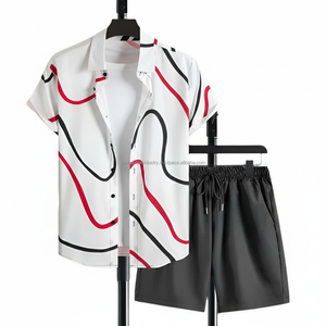 ชุดเซ็ตเสื้อผ้าผู้ชายพิมพ์ลายตามสั่ง OEM - ลายคลื่นสีขาว แดง ดำ ชุดฤดูร้อน 2 ชิ้น - Product Image 5