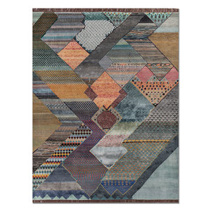 Tapis Manchaha noués à la main en laine et soie de bambou, design patchwork gris et noir pour salon, couloir, épaisseur 10 mm - Les-2822 - Product Image 1