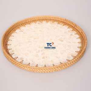 Plateaux en rotin faits à la main produit de décoration de la maison forme ronde incrustation de nacre coquille de capiz plateau en rotin plateau de service alimentaire - Product Image 2