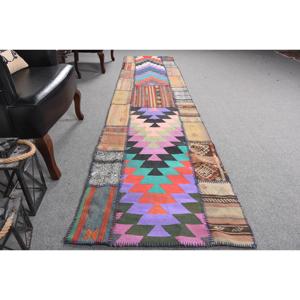 Turkish Rug, 2.5x10.6 ft Vintage Rug, <b>Red</b> Blue Animal Print <b>Wool</b> Rug - Product Image 3