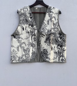Chaqueta Bomber de punto floral hecha a mano para mujer, chaleco de algodón sostenible, diseño impreso en bloque, chaleco de longitud corta con Apertura frontal - Product Image 1