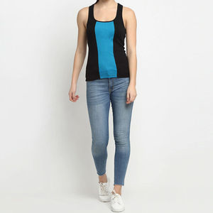 Index Apparel Women's <b>Black</b> And Blue Color Blocked Knitted Tank <b>Top</b> Scoop Neck Casual Style Breathable Regular Length - Product Image 3