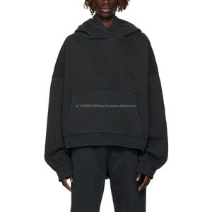 เสื้อฮู้ดดี้ทรงบ็อกซี่แบบครอปสำหรับผู้ชาย ปี 2026 พร้อมโลโก้สั่งทำพิเศษ ผ้าฟอกสี 500gsm คุณภาพสูง ทรงโอเวอร์ไซส์ สีดำ ลุคทำเก่า - Product Image 1