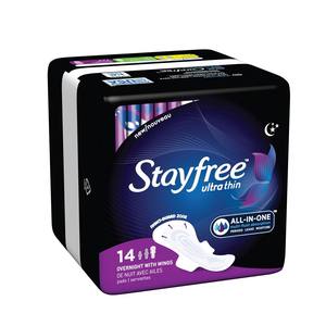 Toallas Sanitarias Ultrafinas Stayfree con Alas, Paquete de 14, Absorbencia Extra Fuerte, Protección Contra Fugas, Uso Nocturno - Product Image 1