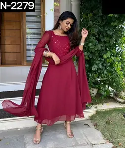 भारतीय और पाकिस्तानी शैली भारी कढ़ाई दर्पण काम पहनने के लिए तैयार के साथ अशुद्ध Georgette अनारकली के साथ कुर्तियां Georgette दुपट्टा