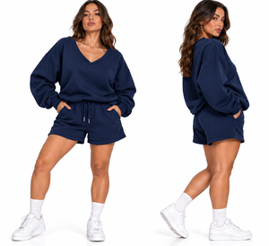 Ensemble lounge bleu 2 pièces pour femme, sweat-shirt surdimensionné à col en V et short à cordon de serrage, tenue décontractée assortie, tissu texturé doux - Product Image 2