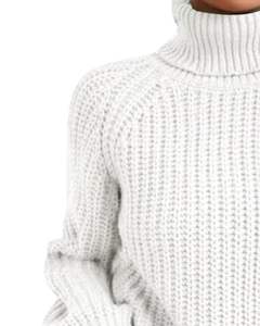Suéter de Punto Cuello Alto Blanco para Mujer, Cálido para Invierno, Acanalado, Manga Larga, Casual, Holgado, Estilo Pullover, Moda Urbana, Uso Diario - Product Image 3