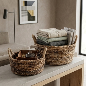 Ensemble de paniers de rangement en écorce de bananier naturelle, pot cylindrique avec anse en anneau épais enroulé, pot de fleurs, décoration artistique pure pour la maison, artisanat - Product Image 5
