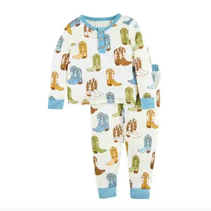 Atacado Azul Cowboy Botas 2pc Conjunto Pijama Estilo Ocidental Crianças Pijama Outfits