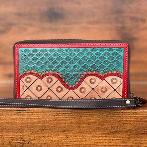 กระเป๋าสตางค์หนังแท้สำหรับผู้หญิงกระเป๋าคลัทช์ใส่บัตรหนังแท้งานแกะสลักแบบตะวันตก - Product Image 5